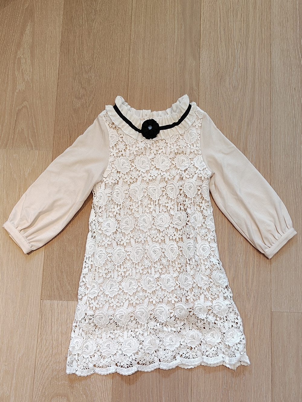 Girls' Cream Lace Formal Dress with Black Accent